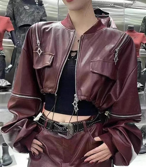 Chaqueta mujer de cuero PU – abrigo suelto con cierre para otoño e invierno