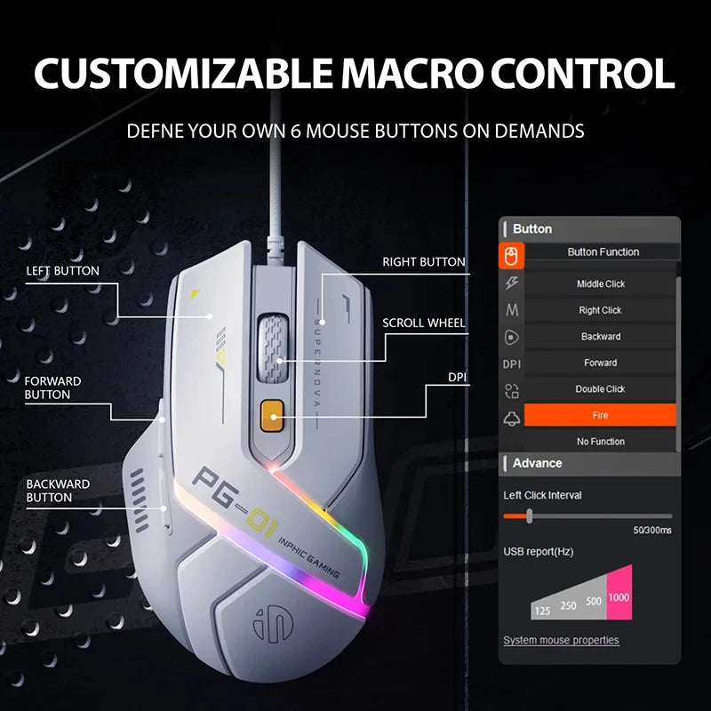 Mouse gaming Inphic PG1 con cable – iluminación RGB y diseño ergonómico