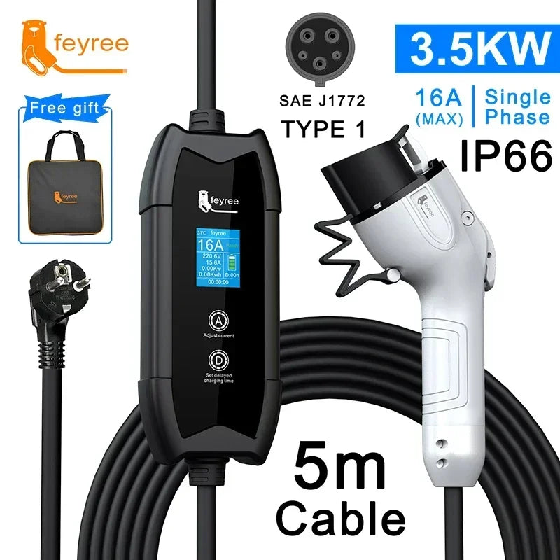 Cargador Feyree EV Tipo 2 16A 3.5kW – cable de 5M compatible GBT y J1772 Tipo 1 para wallbox