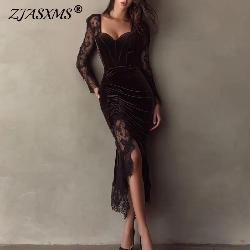 Vestido de gala mujer – terciopelo sexy con escote profundo y abertura lateral