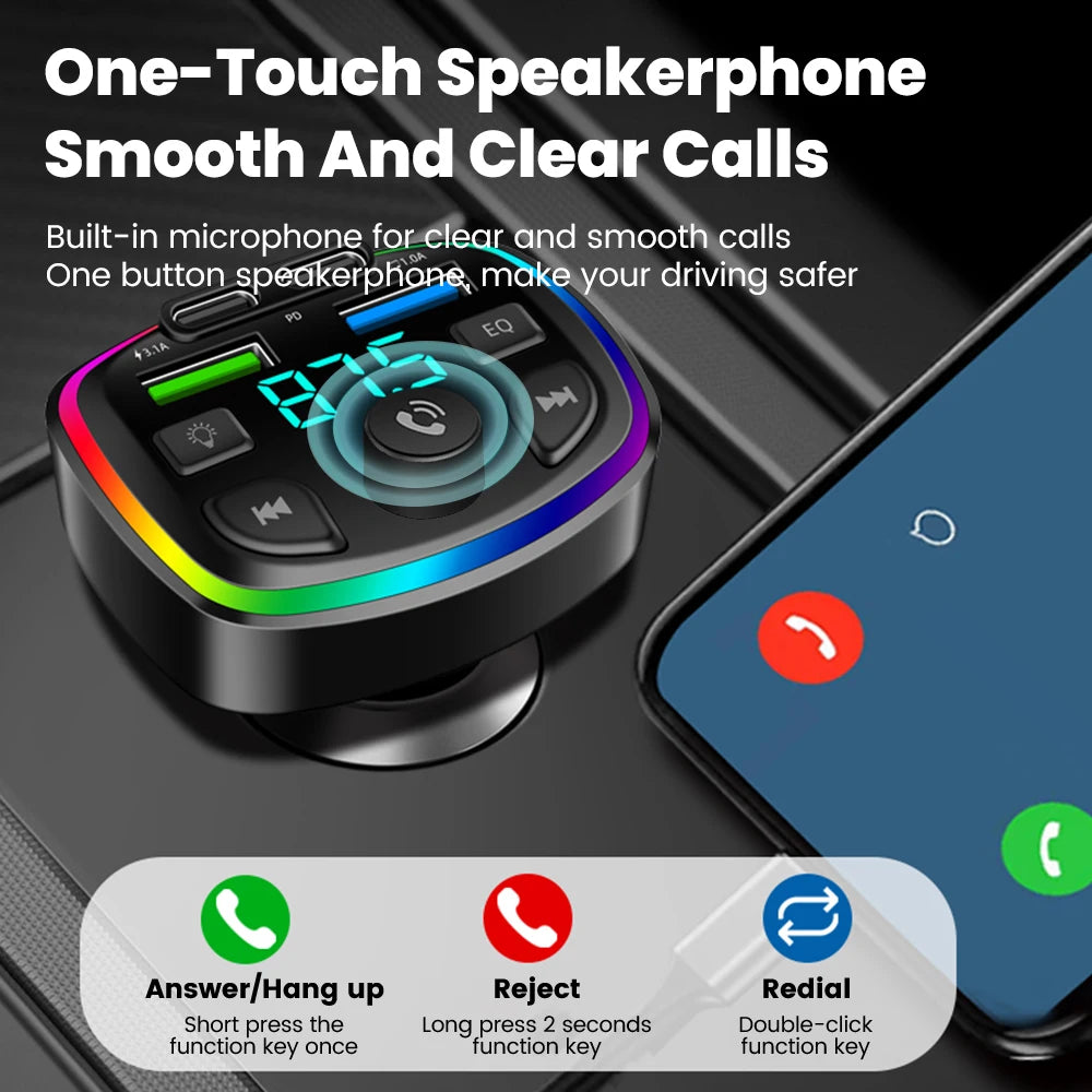 Cargador de auto inalámbrico con transmisor FM – manos libres, Bluetooth y doble puerto USB