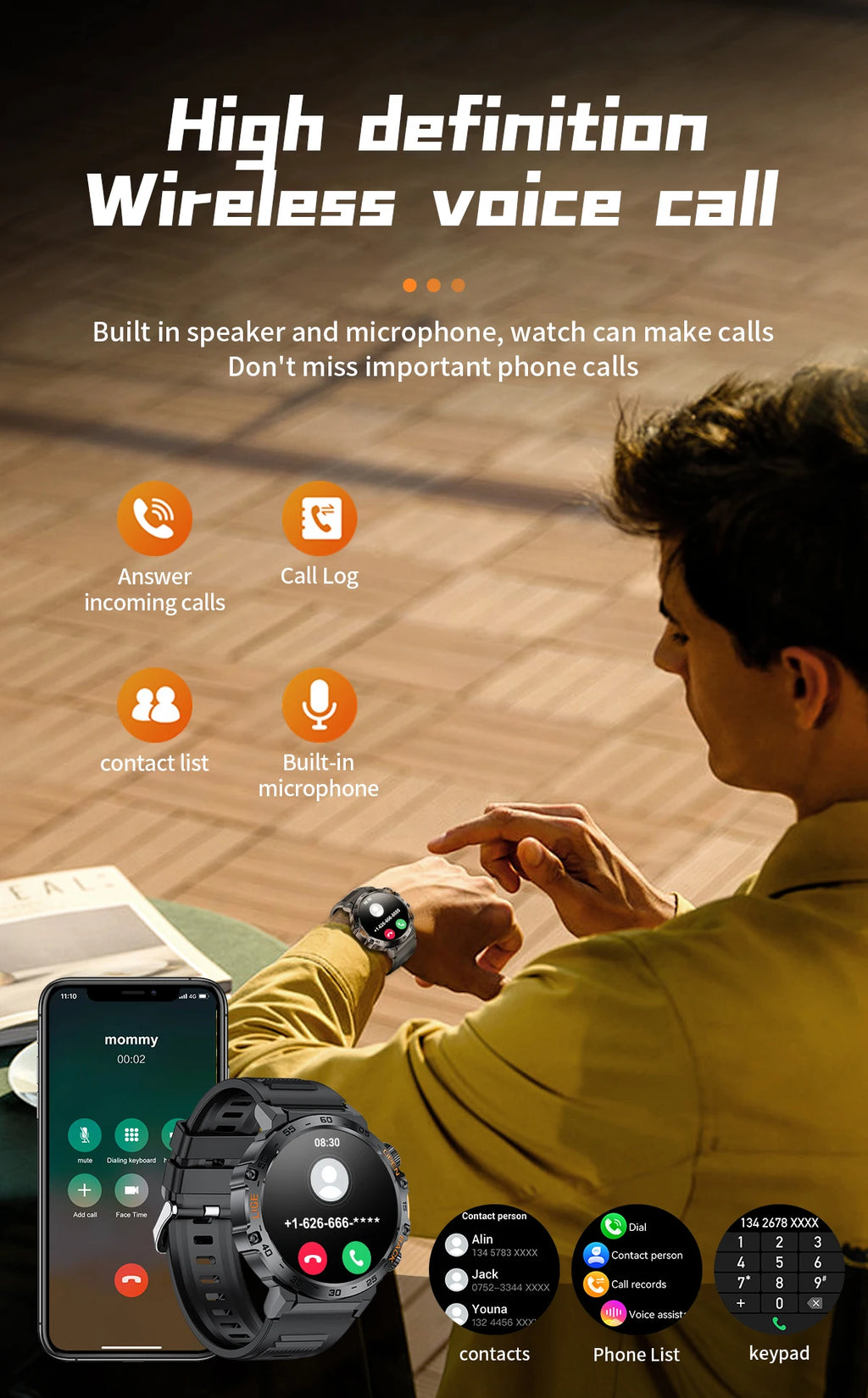 Smartwatch LIGE hombre – pantalla AMOLED HD 360*360, resistente al agua y linterna