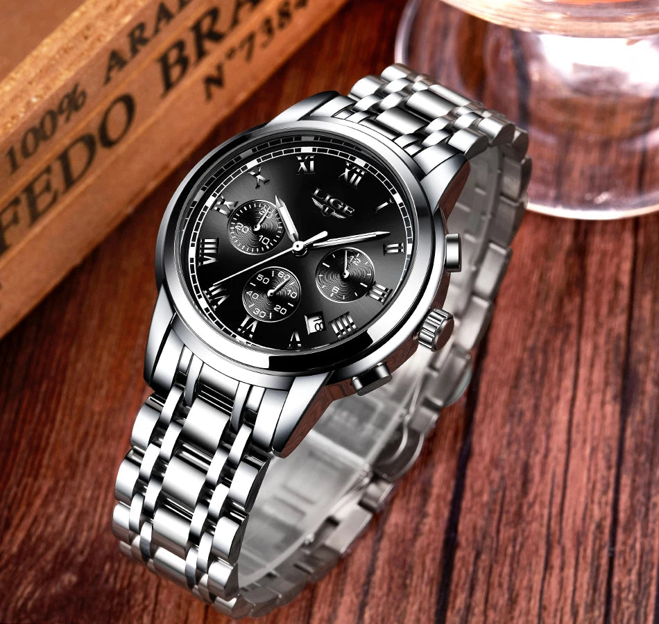 Reloj LIGE para hombre – cronógrafo deportivo de lujo, resistente al agua y acero inoxidable