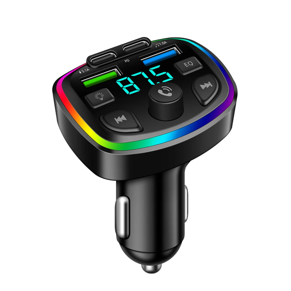 Cargador de auto inalámbrico con transmisor FM – manos libres, Bluetooth y doble puerto USB