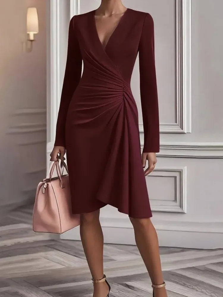 Vestido elegante mujer – escote en V, manga larga y cintura alta suelta
