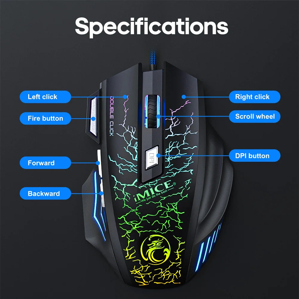 Mouse gaming con cable – retroiluminación y DPI ajustable 2400-7200