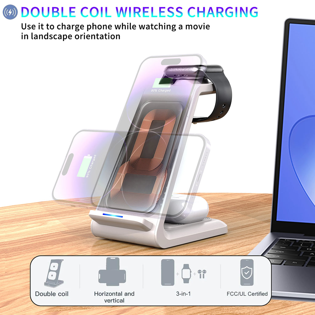 Estación de carga inalámbrica 3 en 1 – soporte para múltiples dispositivos iPhone 12 a 17 Pro Max