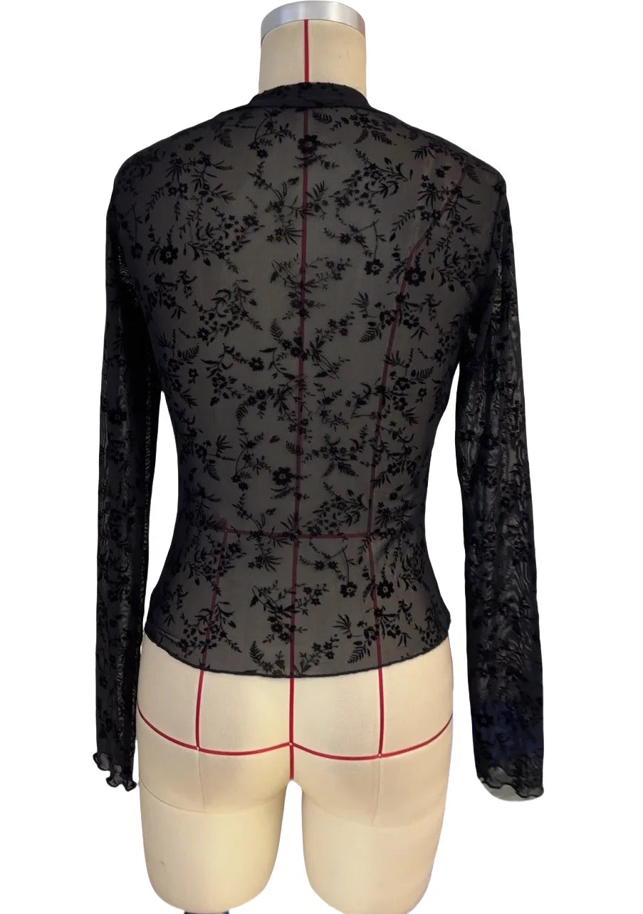 Remera mujer – sexy, manga larga con malla floral y cuello alto