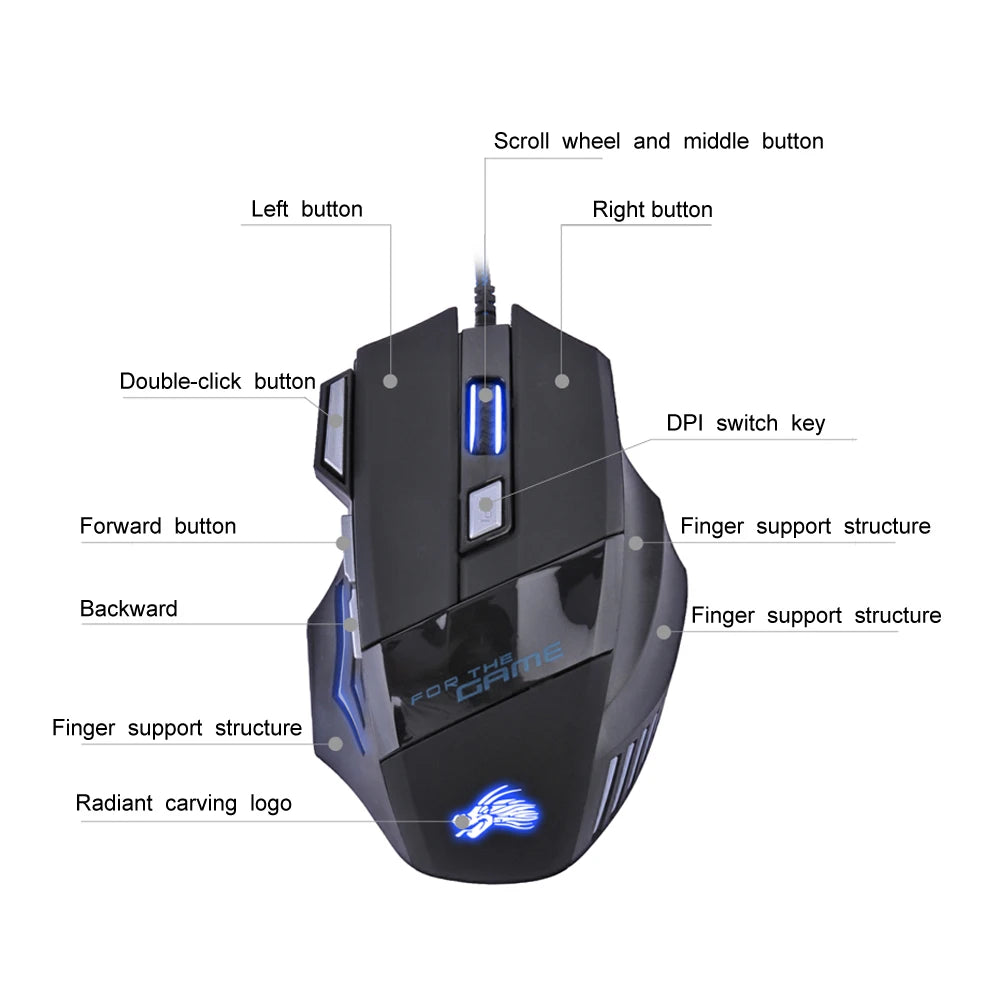 Mouse gaming con cable – retroiluminación 7 colores y DPI ajustable 5500