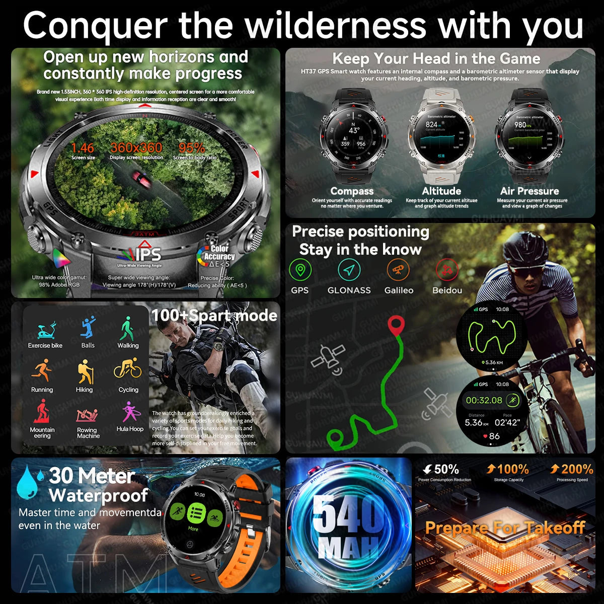 Smartwatch hombre 1.46'' – pantalla AMOLED HD 360x360, llamada por voz y brújula