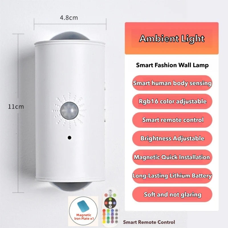 Lámpara de Pared LED con Sensor Inteligente - Iluminación Ambiental RGB - Recargable Magnética