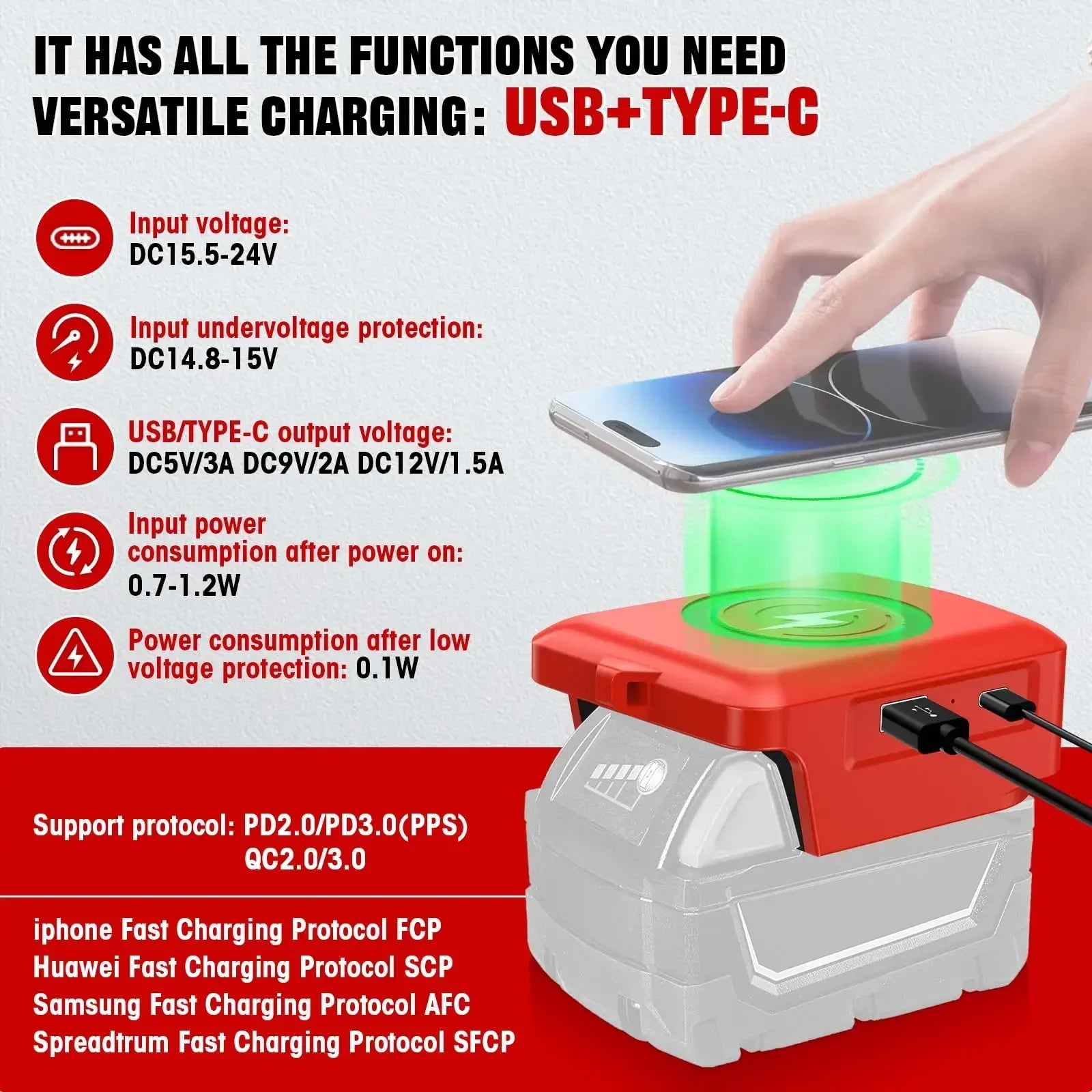 Cargador inalámbrico para batería Milwaukee 18V – adaptador con salida USB y Type-C