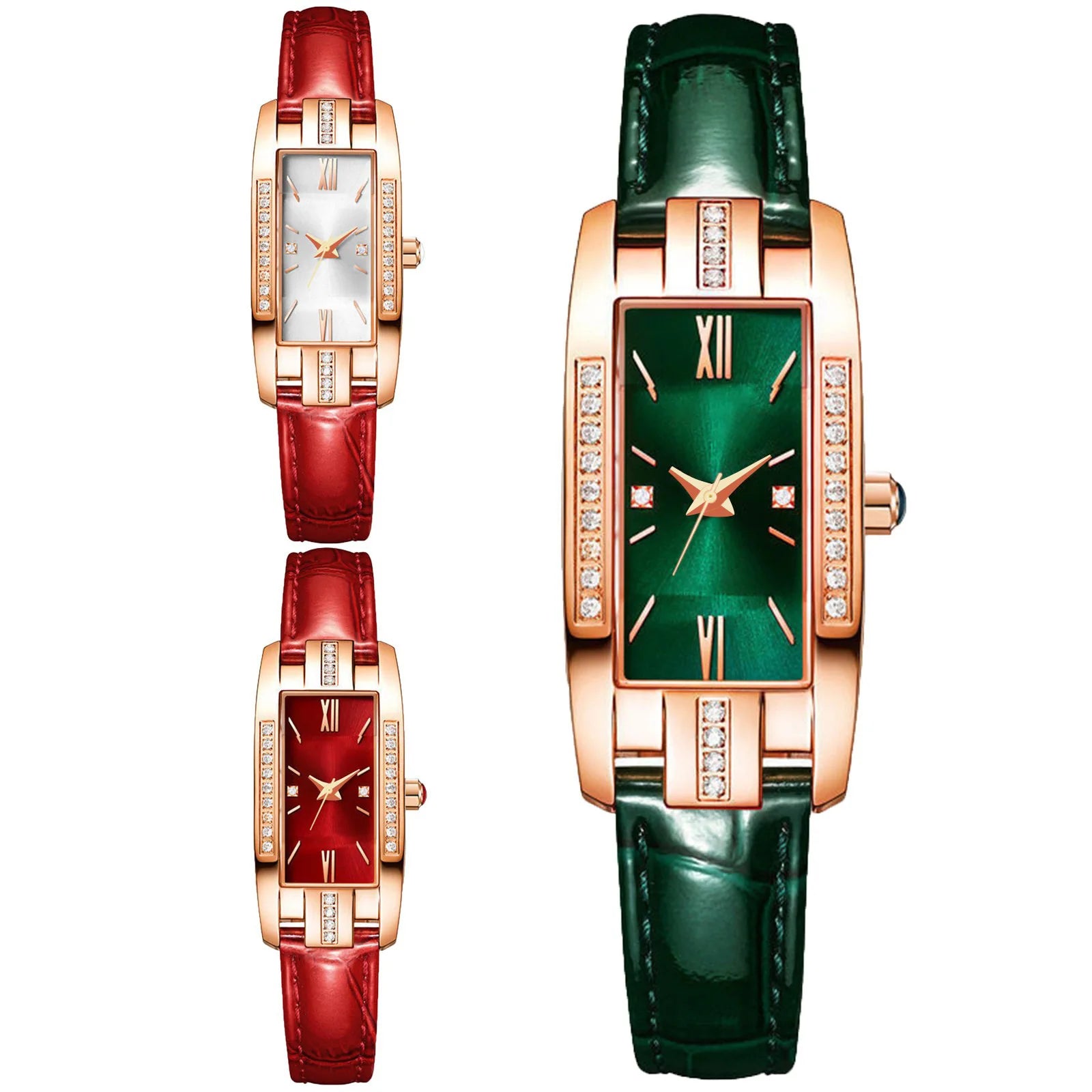 Reloj mujer lujo – diseño rectangular pequeño con cristales verdes y correa de cuero