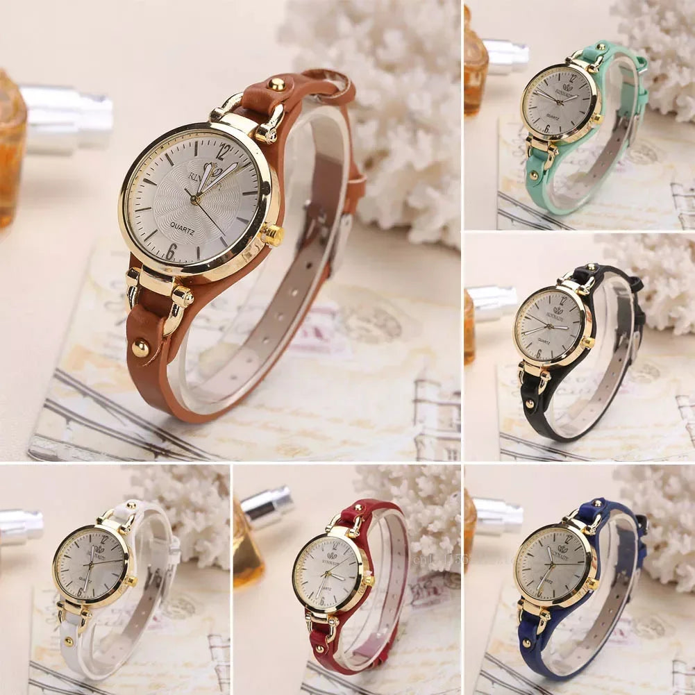 Reloj de cuarzo mujer – correa delgada de cuero PU y diseño sólido