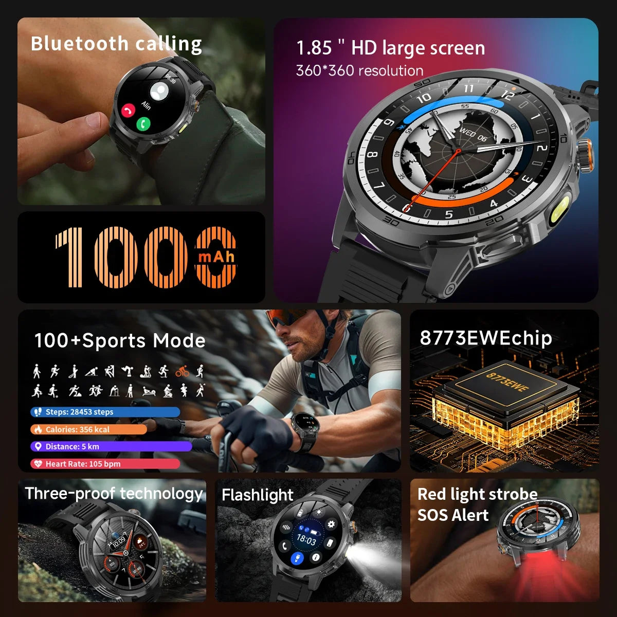 Smartwatch militar T-Rex 3 – pantalla AMOLED 466x466, batería 1000mAh y linterna