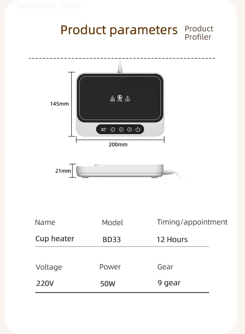 Calentador de Tazas 50W - Placa Caliente Eléctrica - 9 Niveles de Temperatura - Posavasos Calentador - Para Lonchera, Leche, Café - Hogar y Oficina