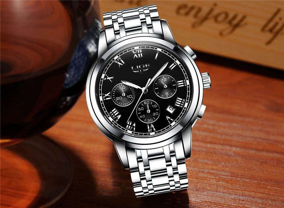 Reloj LIGE para hombre – cronógrafo deportivo de lujo, resistente al agua y acero inoxidable