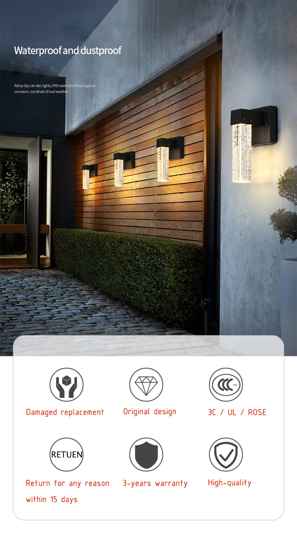 Lámpara LED de pared exterior IISINUO – aluminio con cristal, IP65 y resistente al agua