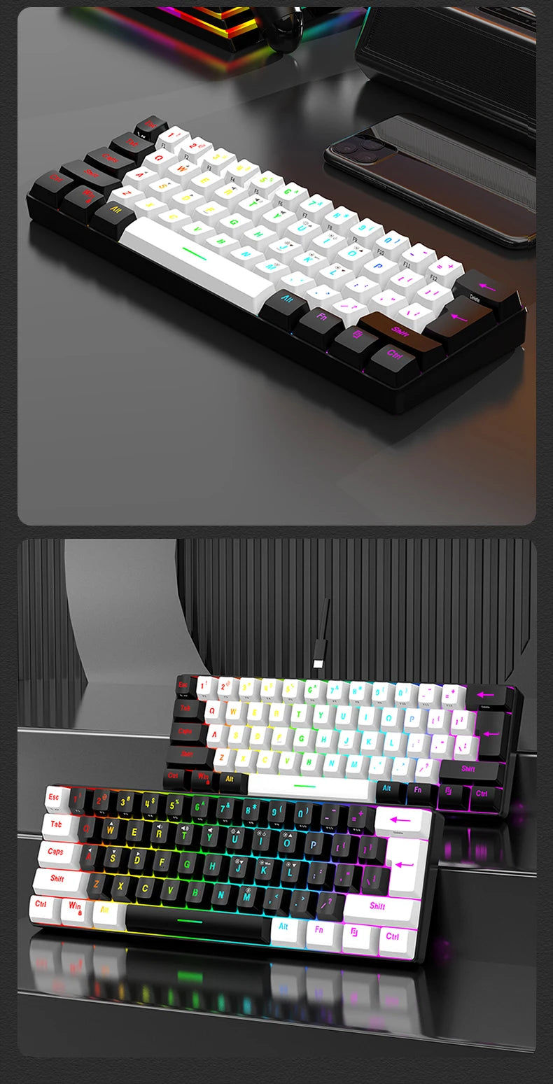 Teclado mecánico compacto 60% – 61 teclas, switches rojos y retroiluminación RGB