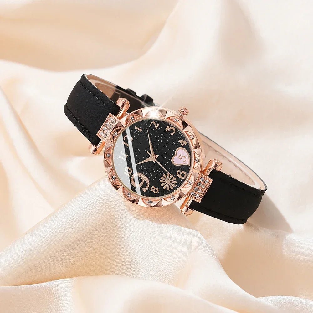 Set de relojes analógicos de cuero para mujer – 6 piezas de moda con cuarzo