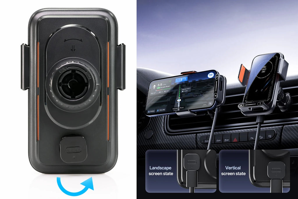 Cargador y soporte para auto – inalámbrico 15W y con cable, rotación y sensor automático