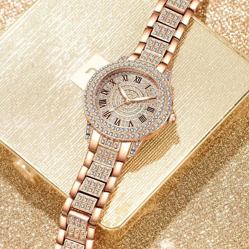 Reloj mujer clásico de lujo – esfera redonda con cristales y correa de aleación dorada