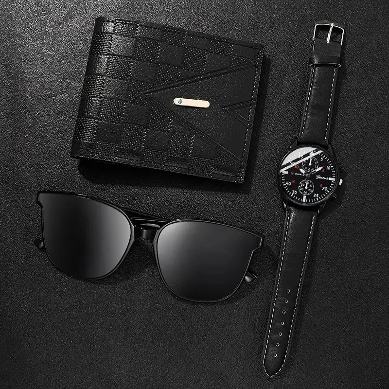 Set masculino 3 piezas – reloj de cuarzo, gafas de sol elegantes y cartera casual
