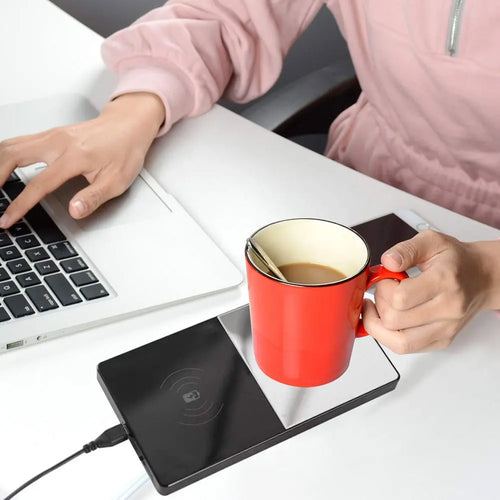 Calentador eléctrico 2 en 1 – taza y cargador inalámbrico para teléfono