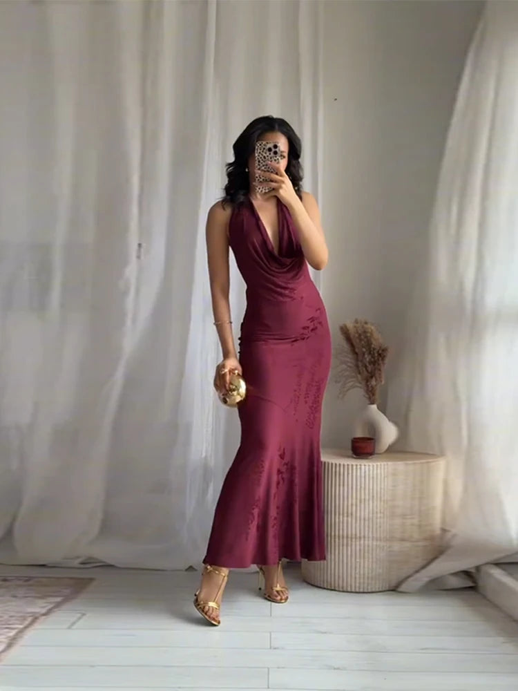 Vestido fiesta mujer – vintage rojo, escote profundo y sin mangas