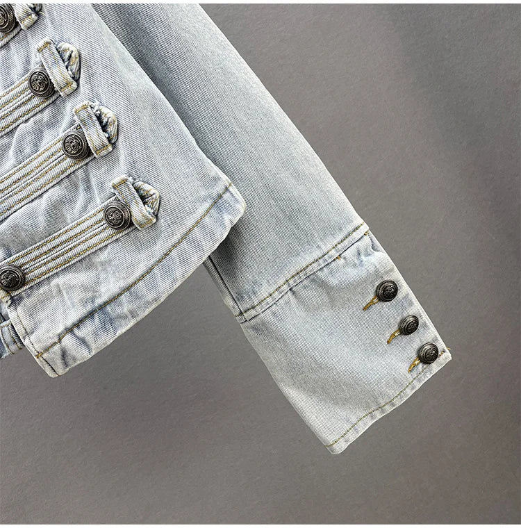 Abrigo de mezclilla vintage – doble botonadura, mangas largas y patchwork