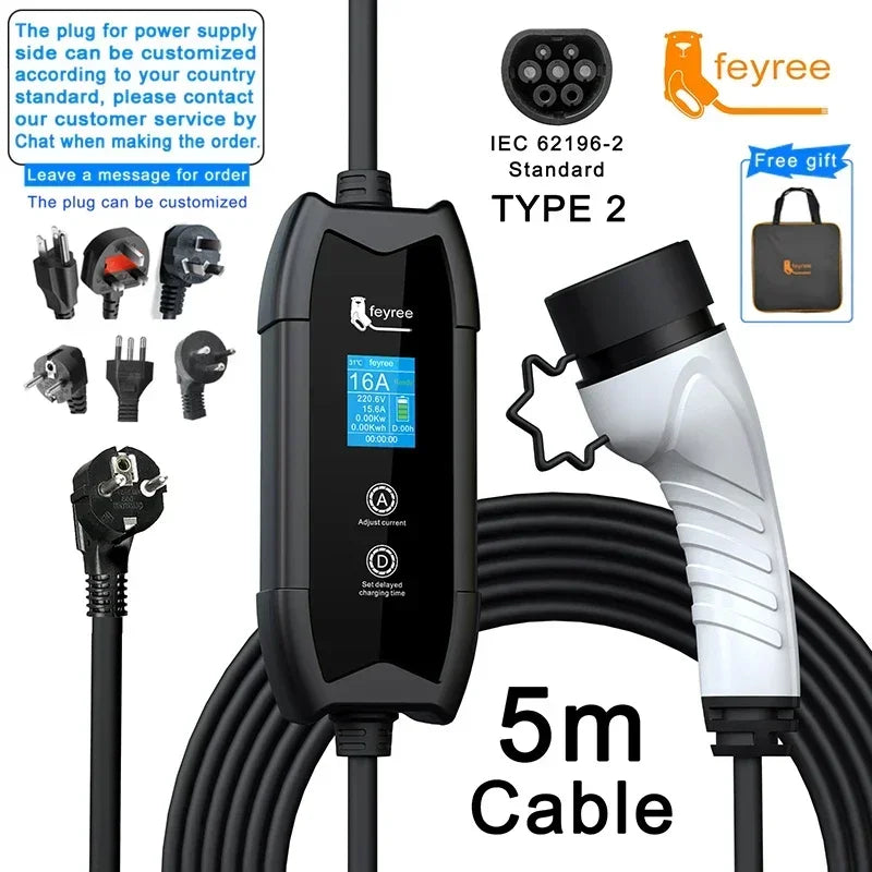 Cargador Feyree EV Tipo 2 16A 3.5kW – cable de 5M compatible GBT y J1772 Tipo 1 para wallbox