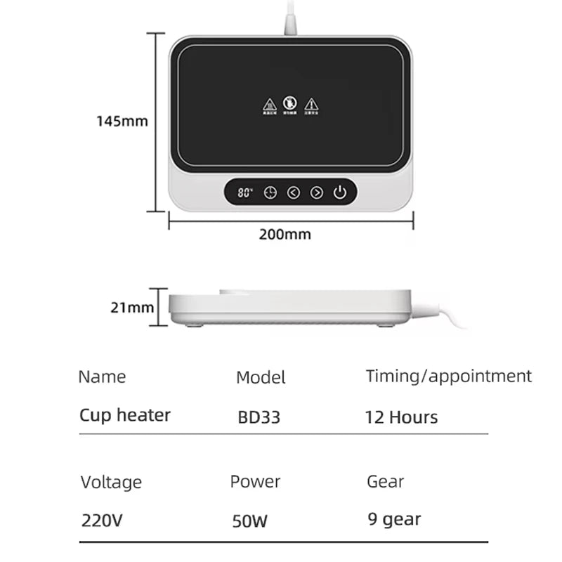 Calentador de Tazas 50W - Placa Caliente Eléctrica - 9 Niveles de Temperatura - Posavasos Calentador - Para Lonchera, Leche, Café - Hogar y Oficina