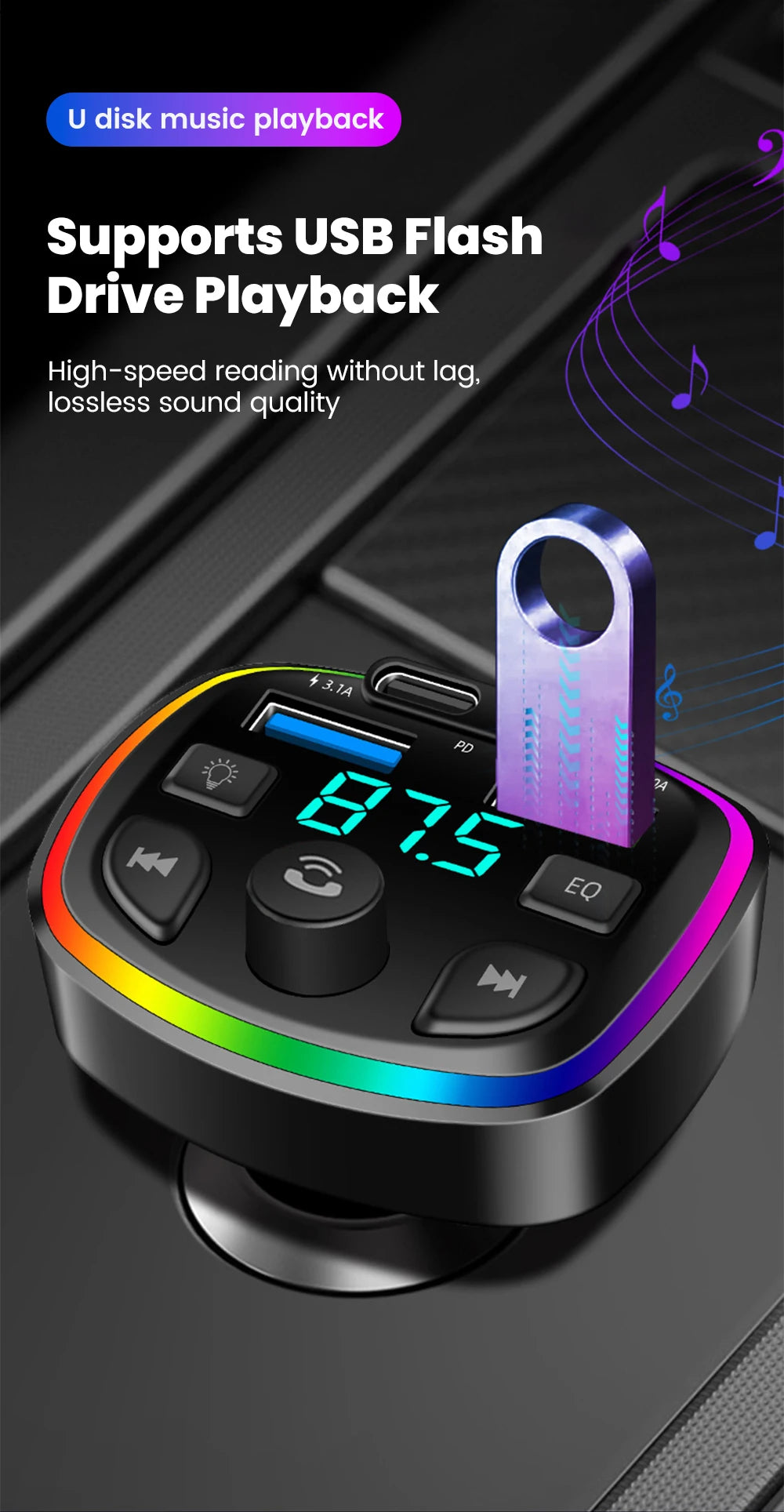 Cargador de auto inalámbrico con transmisor FM – manos libres, Bluetooth y doble puerto USB