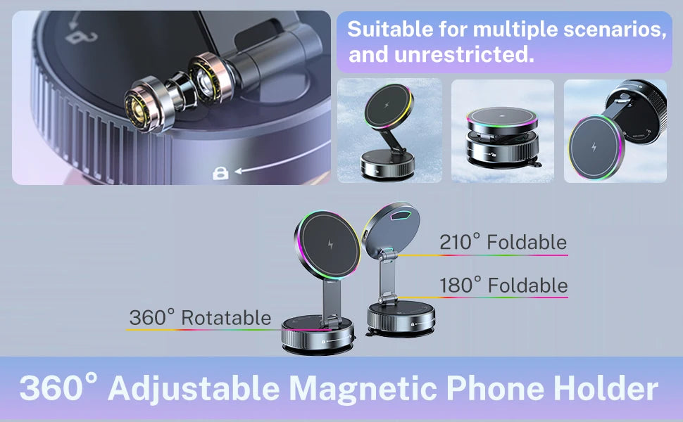 Soporte para Auto con Cargador Inalámbrico y Enfriamiento - Luz RGB Respiratoria - Sujeción Magnética - Para iPhone 12/13/14/15/16 - Soporte Teléfono Coche