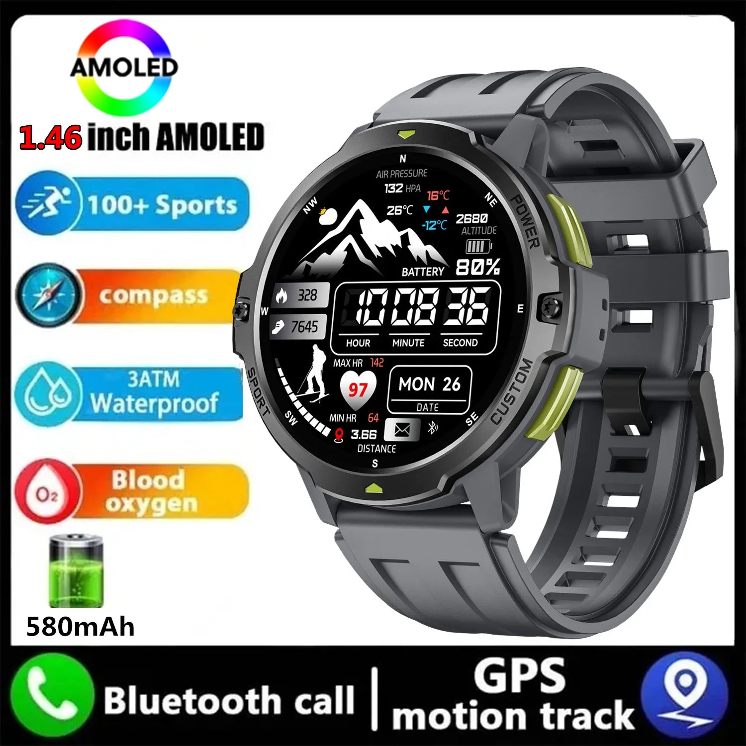 Smartwatch GPS 1.46'' – pantalla AMOLED, brújula, altímetro y batería 580mAh