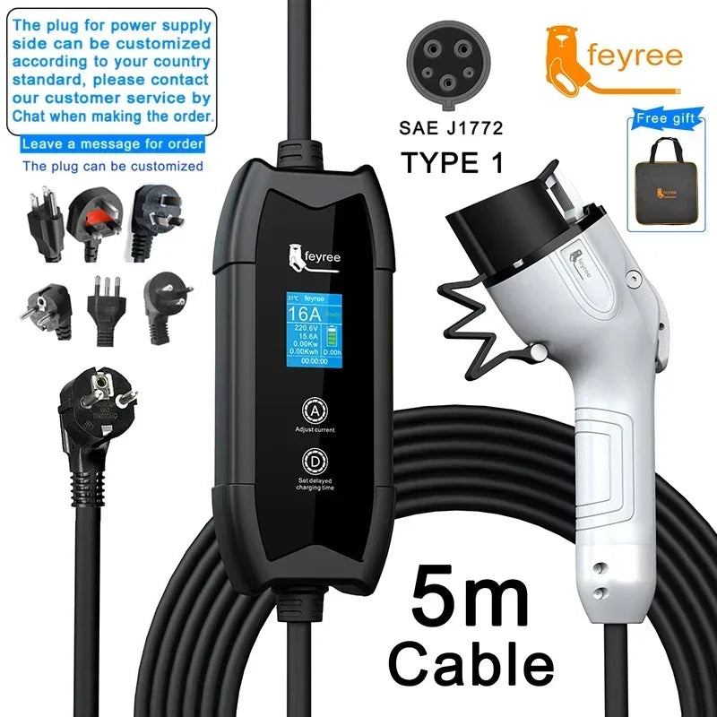 Cargador Feyree EV Tipo 2 16A 3.5kW – cable de 5M compatible GBT y J1772 Tipo 1 para wallbox
