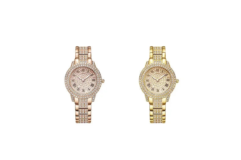 Reloj mujer clásico de lujo – esfera redonda con cristales y correa de aleación dorada