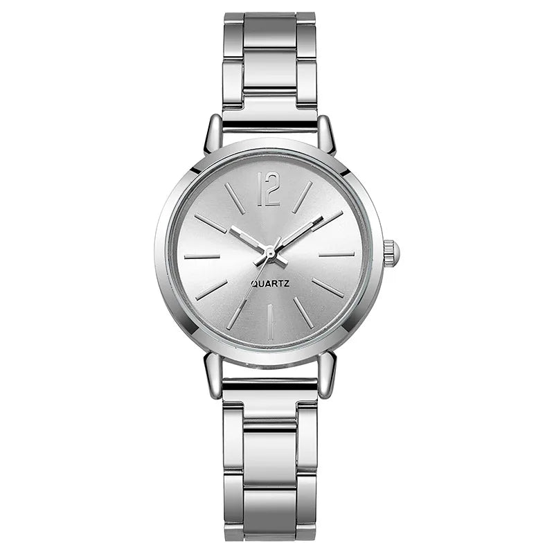 Reloj de lujo mujer – esfera redonda simple y pulsera dorada de acero inoxidable