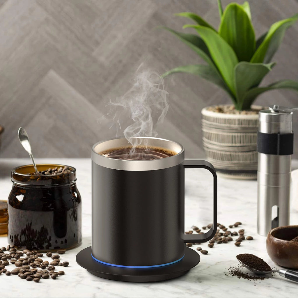 Taza Autocalentable de Café 12oz - Temperatura Constante Inteligente - USB Recargable - Con Tapa - Para Viaje y Oficina