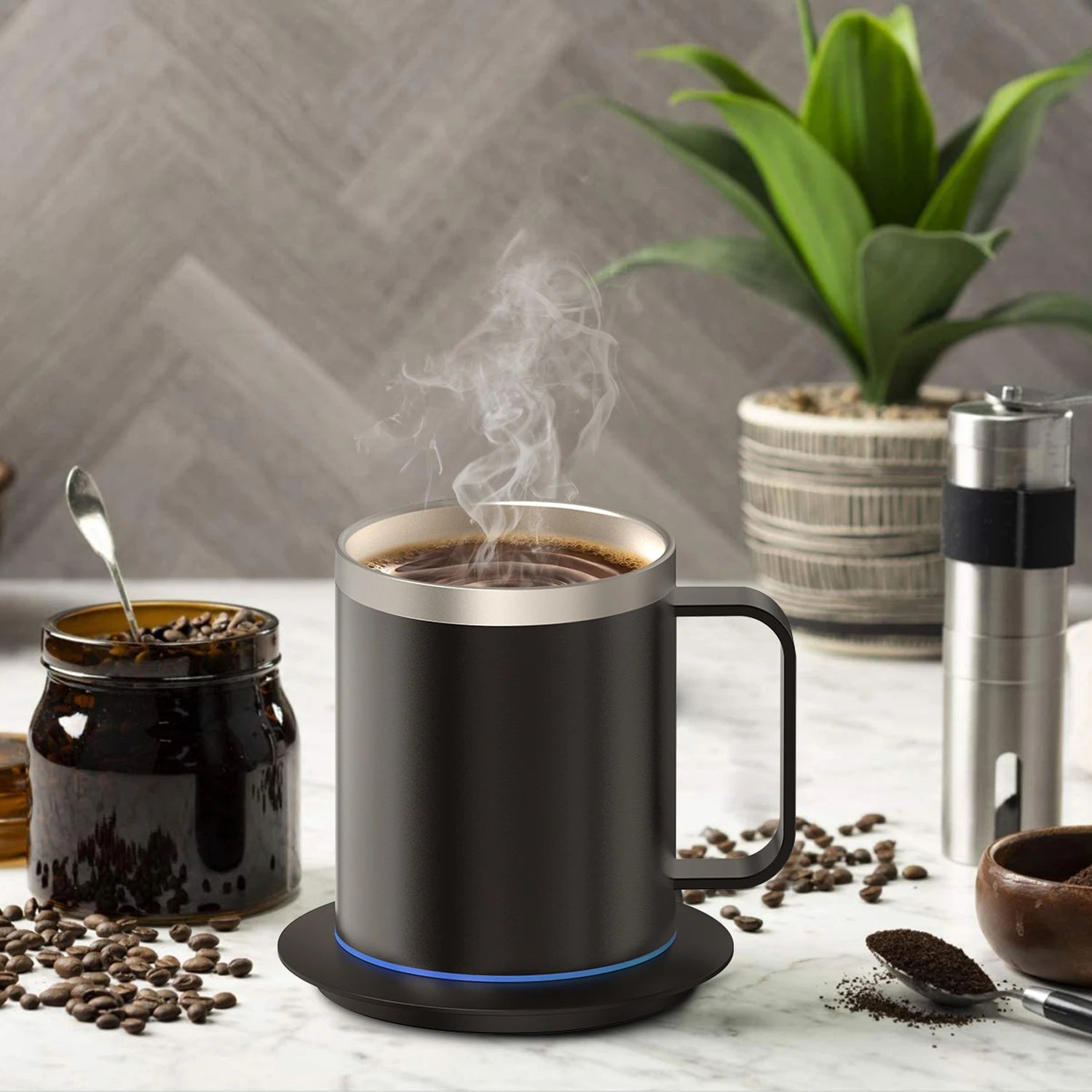 Taza Autocalentable de Café 12oz - Temperatura Constante Inteligente - USB Recargable - Con Tapa - Para Viaje y Oficina