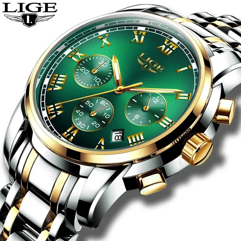 Reloj LIGE para hombre – cronógrafo deportivo de lujo, resistente al agua y acero inoxidable