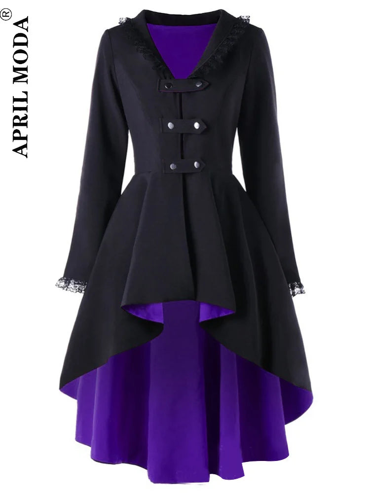 Abrigo mid-length mujer – trench asimétrico con encaje, patchwork y cinturón negro