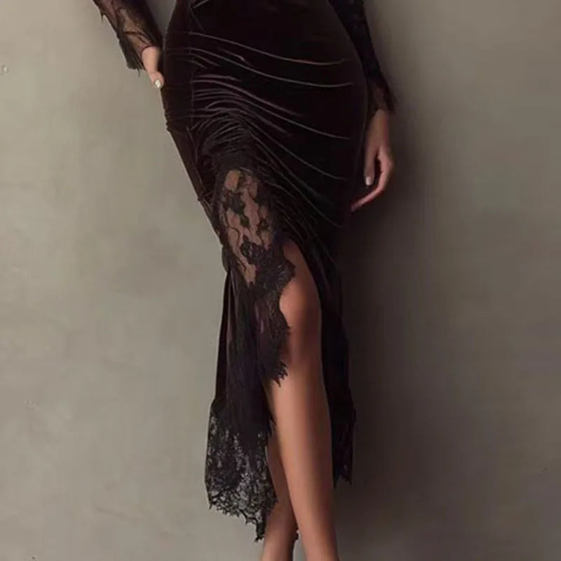 Vestido de gala mujer – terciopelo sexy con escote profundo y abertura lateral