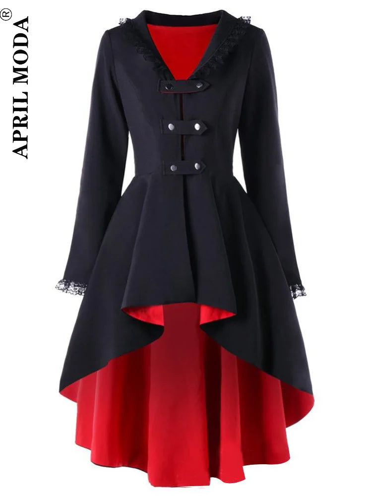 Abrigo mid-length mujer – trench asimétrico con encaje, patchwork y cinturón negro