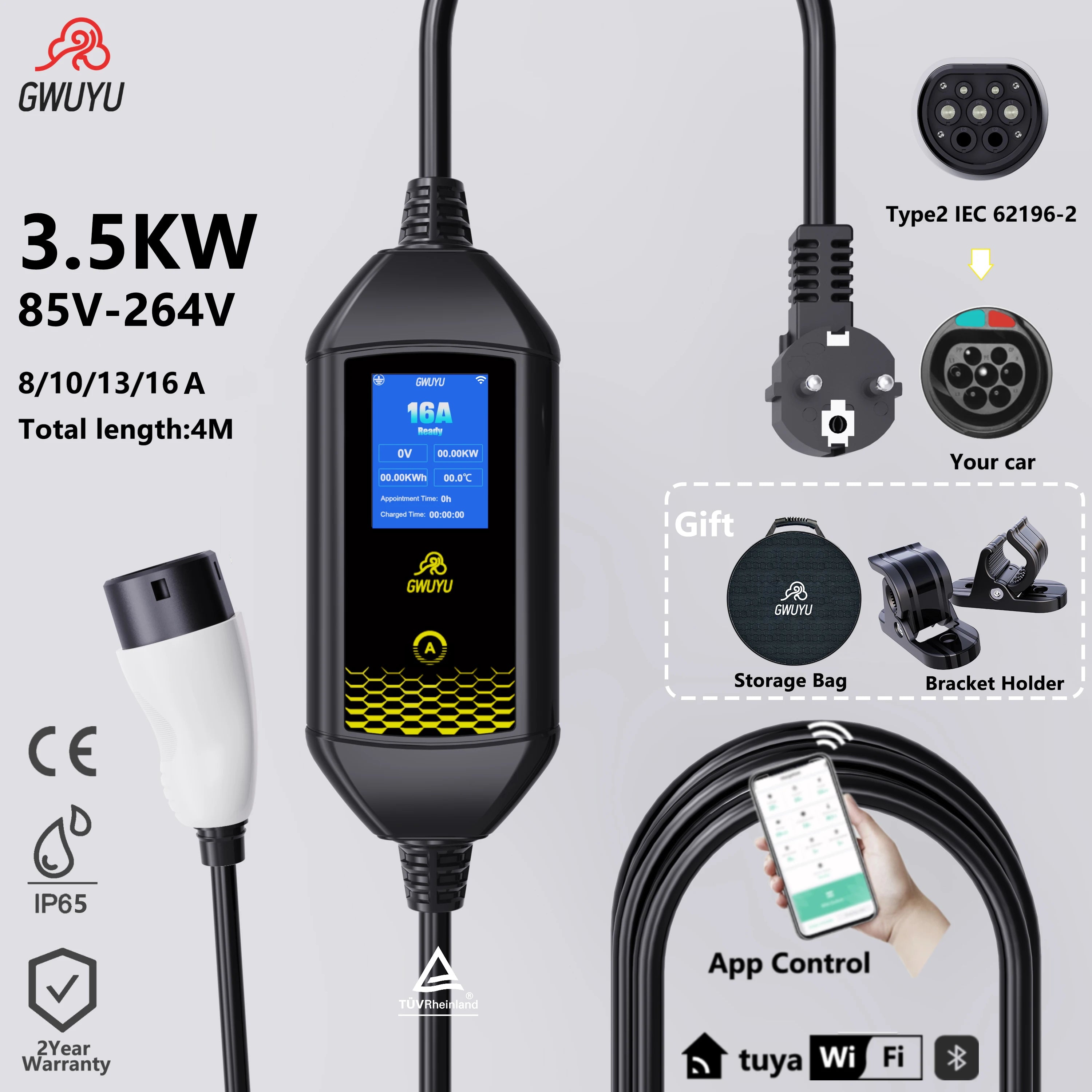 Cargador eléctrico portátil GWUYU 3500W – Tipo 2 con cable de 4M para EV