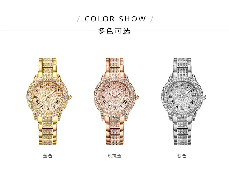 Reloj mujer clásico de lujo – esfera redonda con cristales y correa de aleación dorada