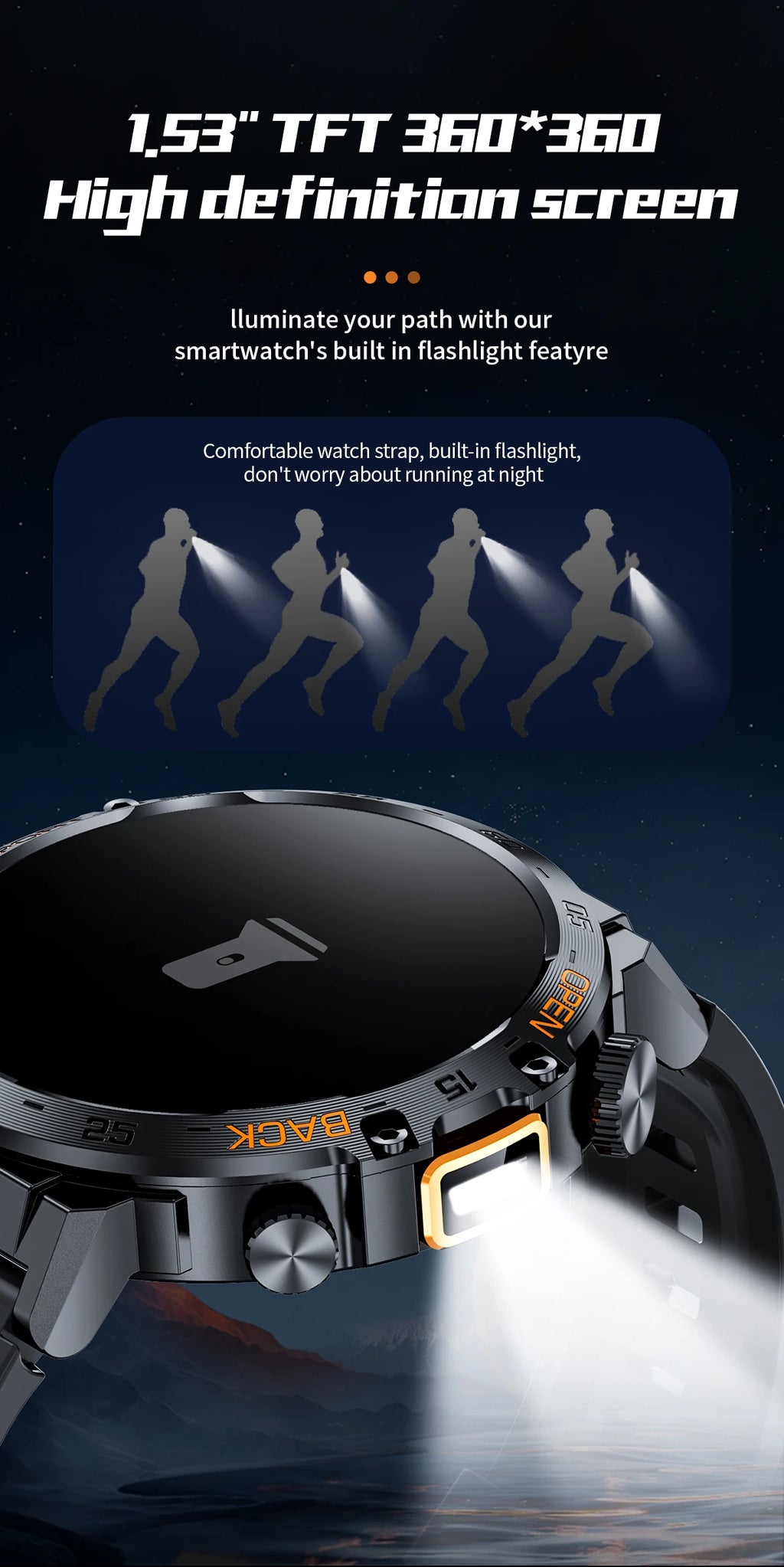 Smartwatch LIGE hombre – pantalla AMOLED HD 360*360, resistente al agua y linterna