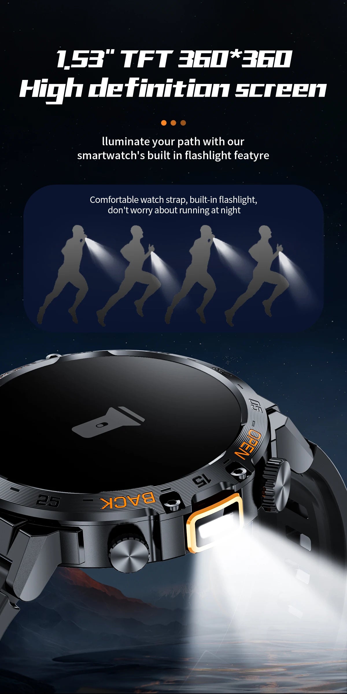 Smartwatch LIGE hombre – pantalla AMOLED HD 360*360, resistente al agua y linterna