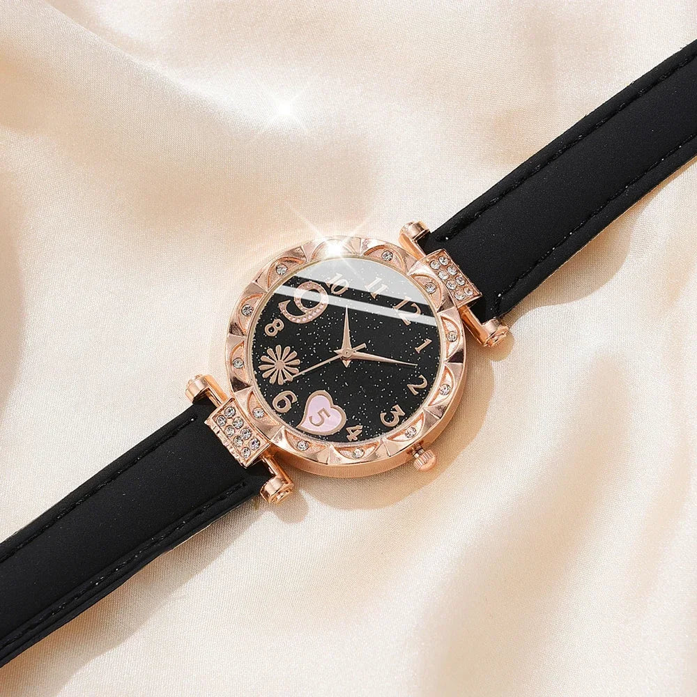 Set de relojes analógicos de cuero para mujer – 6 piezas de moda con cuarzo
