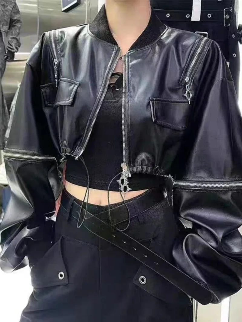 Chaqueta mujer de cuero PU – abrigo suelto con cierre para otoño e invierno